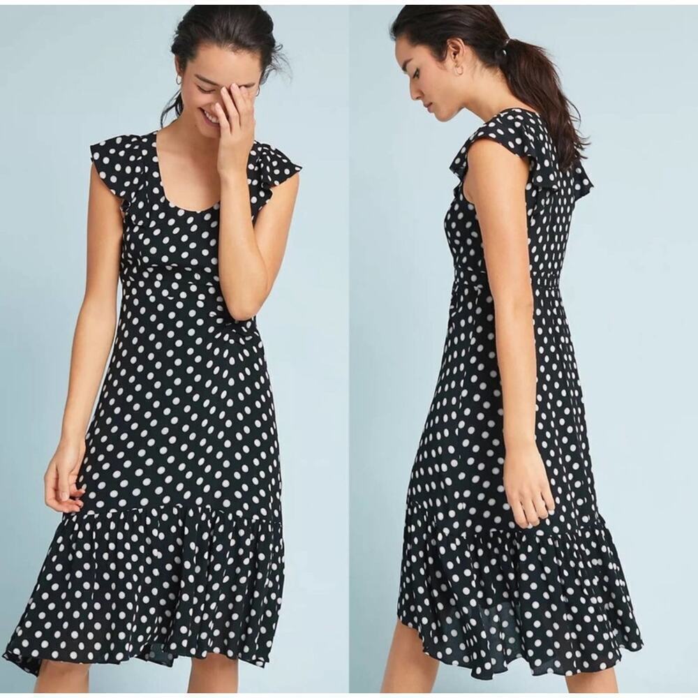 Anthropologie Maeve Gathered Polka Dot Midi Dress Black White Tulip Hem Size 8